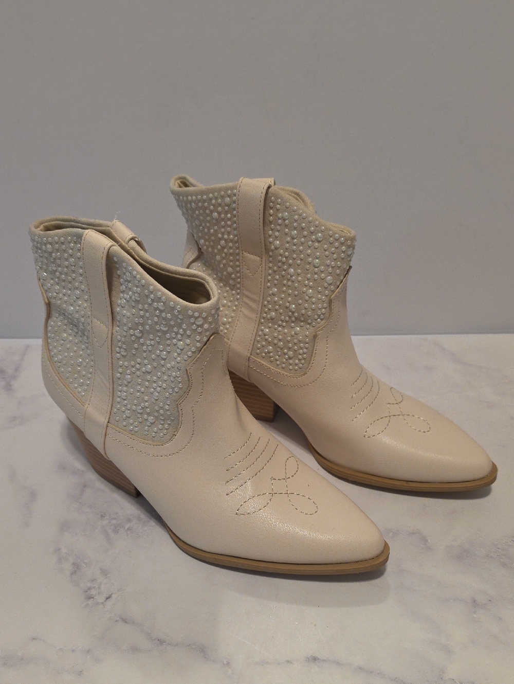 Qupid Pearl-Embellished Cream Western Ankle Boots